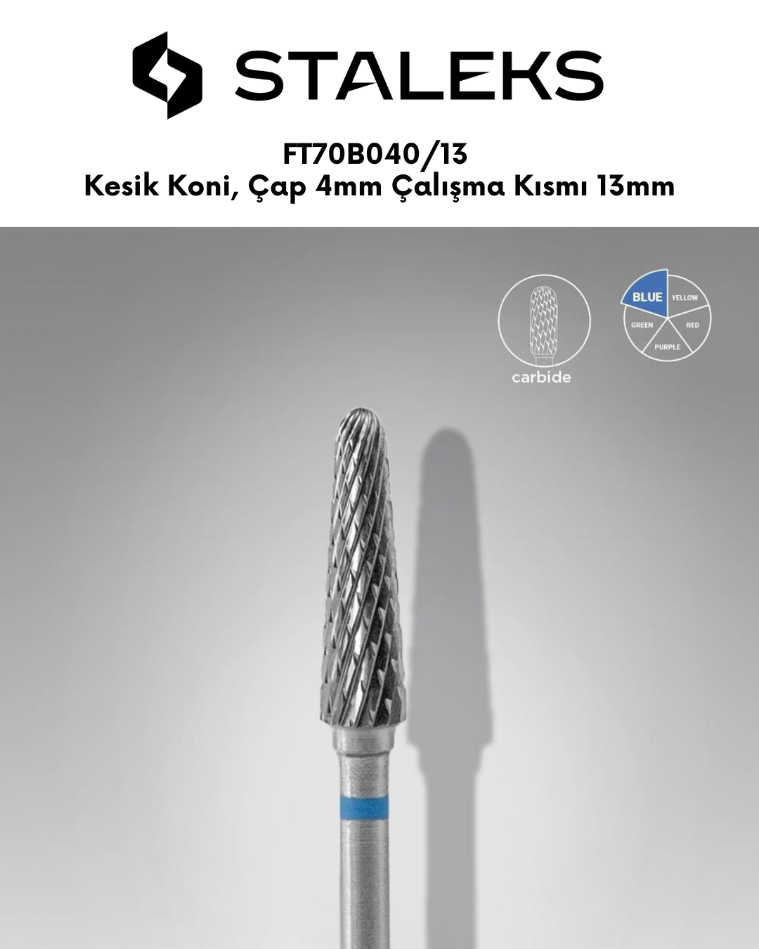 Sert Alaşım Kesik Koni Freze, Mavi, Çap 4 mm / Çalışma Kısmı 13 mm resmi