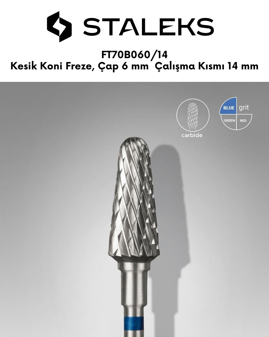 Sert Alaşım Kesik Koni Freze, Mavi, Çap 6 mm / Çalışma Kısmı 14 mm, Adet resmi