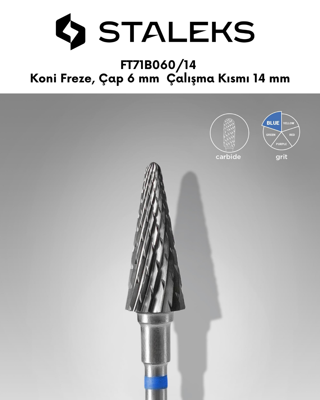 Sert Alaşım Koni Freze, Mavi, Çap 6 mm / Çalışma Kısmı 14 mm resmi