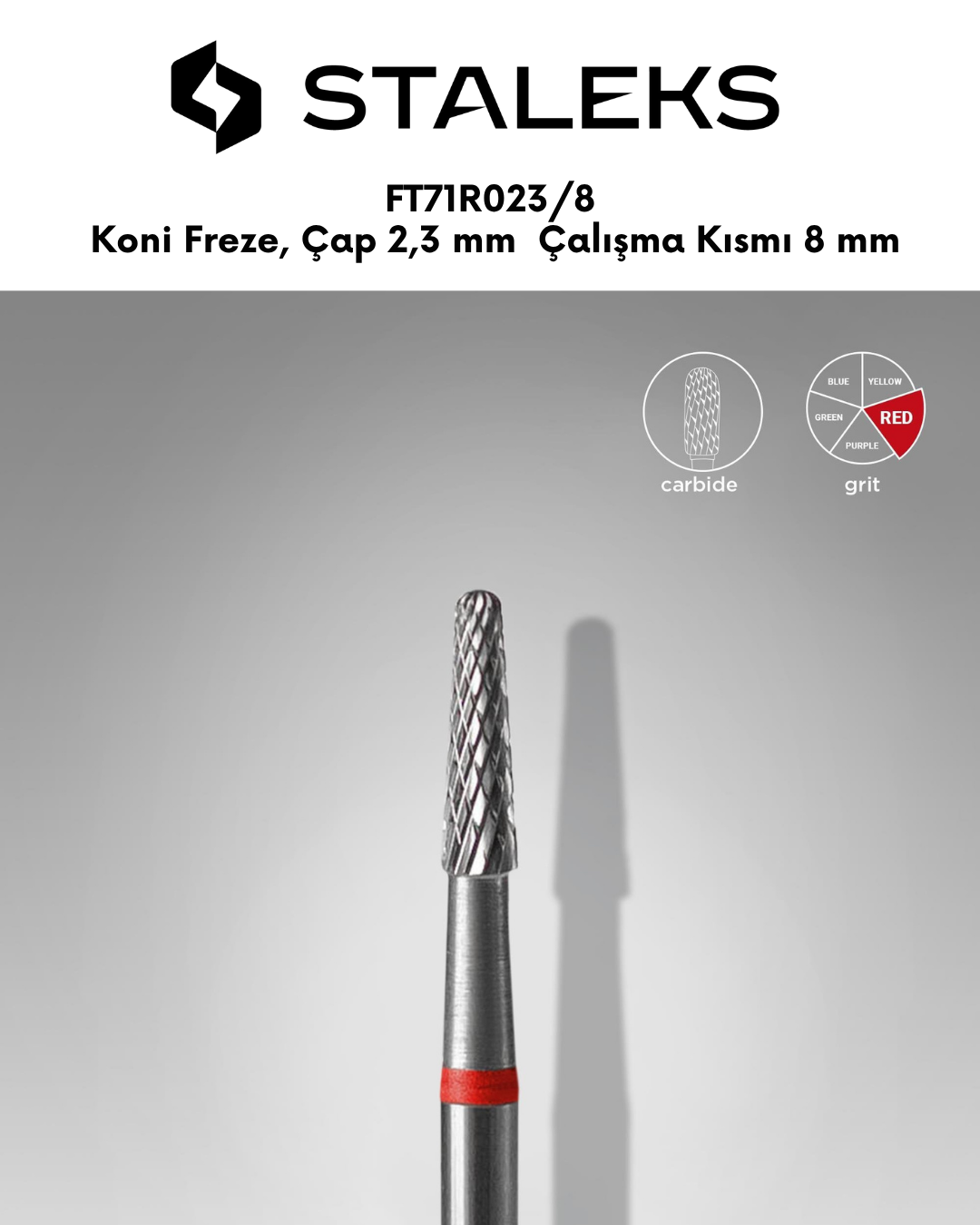 Sert Alaşım Koni Freze, Kırmızı, Çap 2,3 mm / Çalışma Kısmı 8 mm resmi