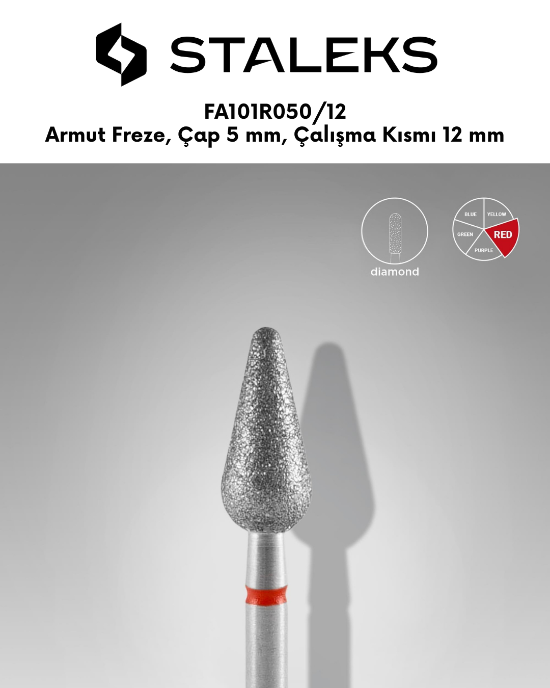 Elmas Yuvarlanmış Armut Freze, Kırmızı, Çap 5 mm, Çalışma Kısmı 12 mm resmi