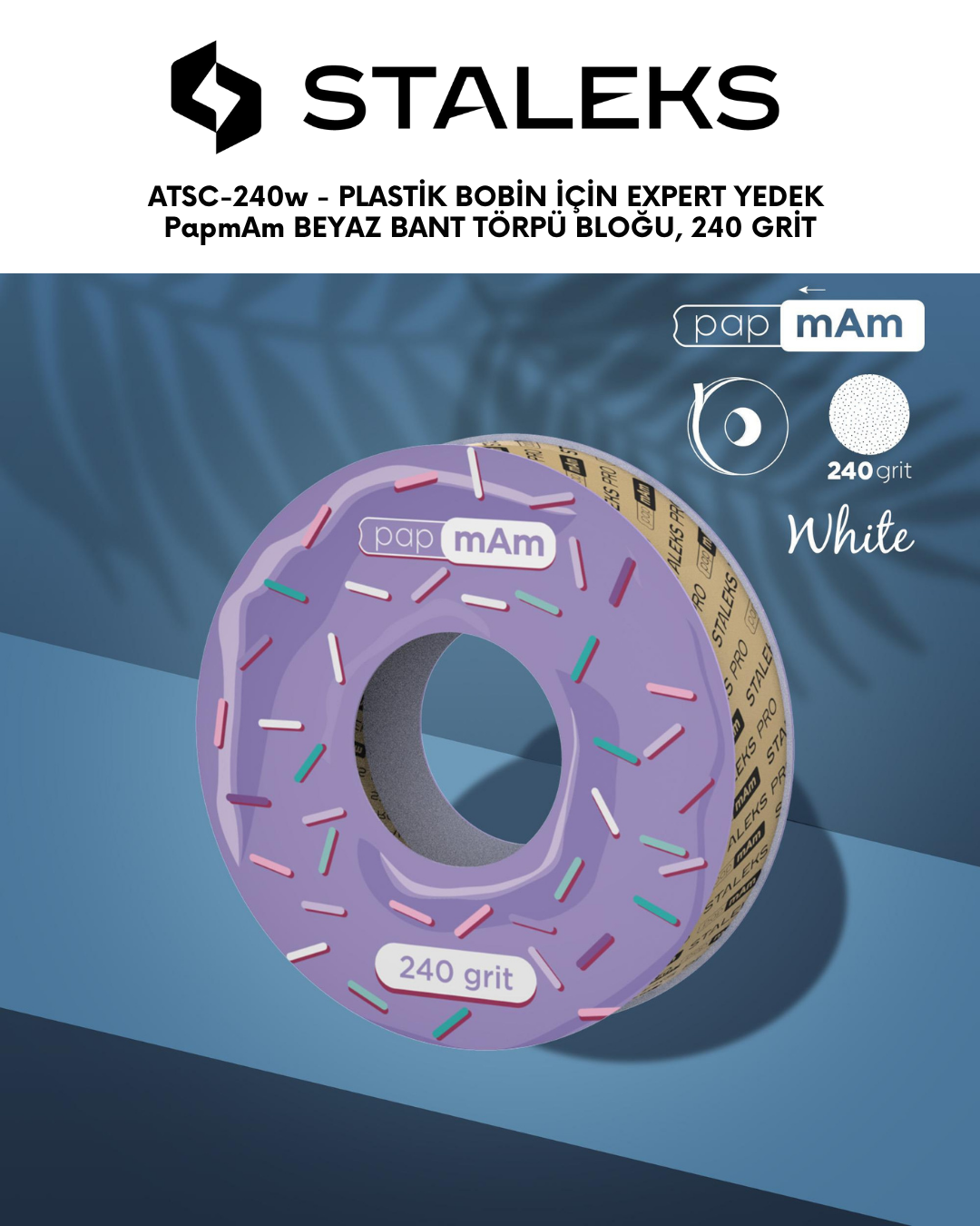 STALEKS PRO Plastik Bobin İçin EXPERT Yedek PapmAm Beyaz Bant Törpü Bloğu, 240 Grit resmi