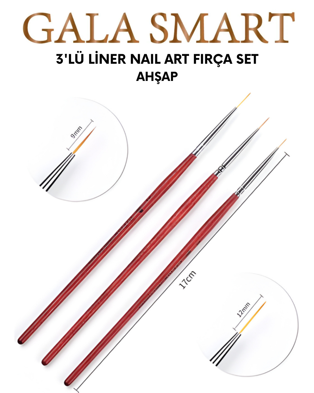 3'lü Liner Nail Art Fırça Set - Ahşap resmi