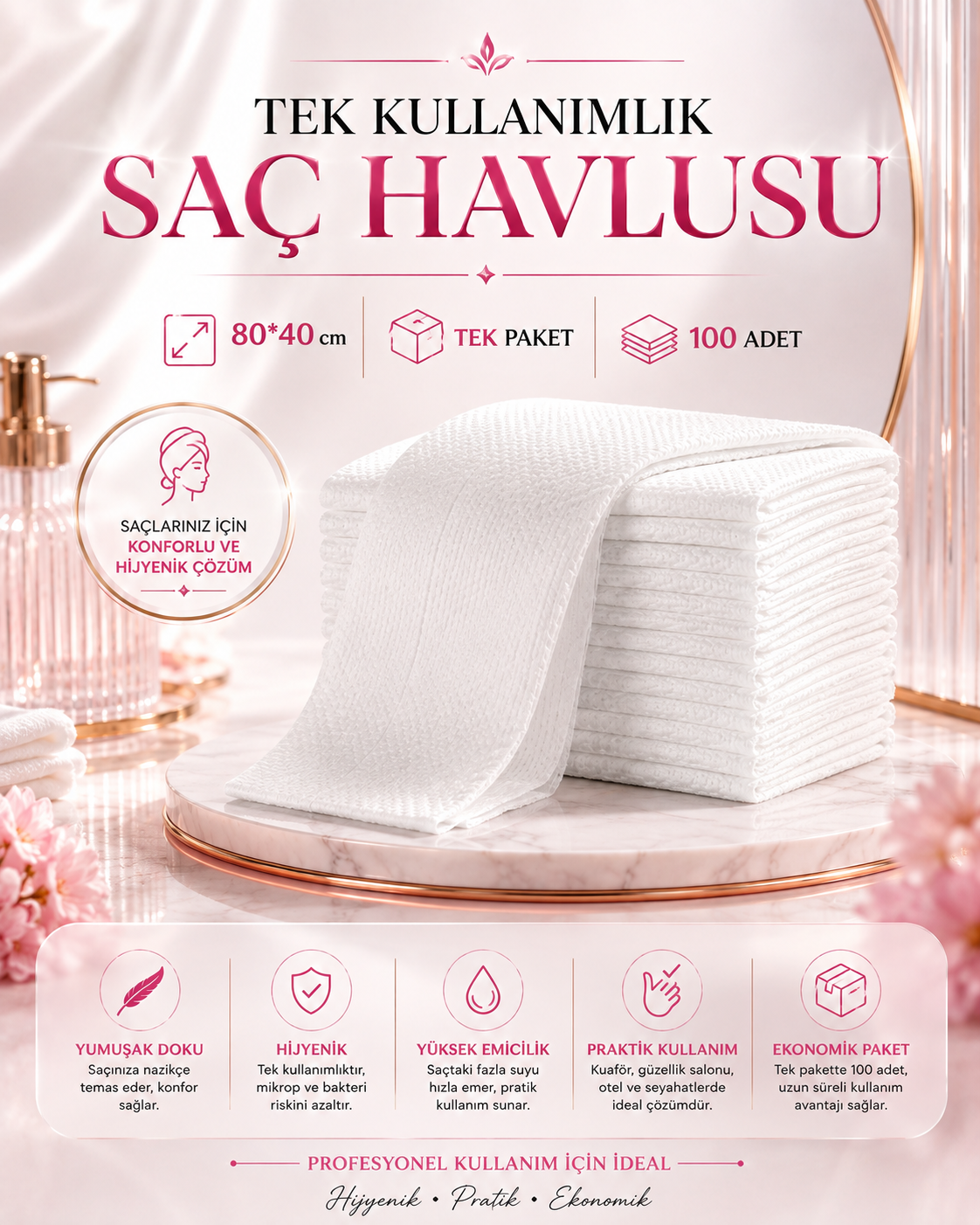 Tek Kullanımlık Saç Havlusu, 80*40cm, Tek Paket, 100 Adet resmi