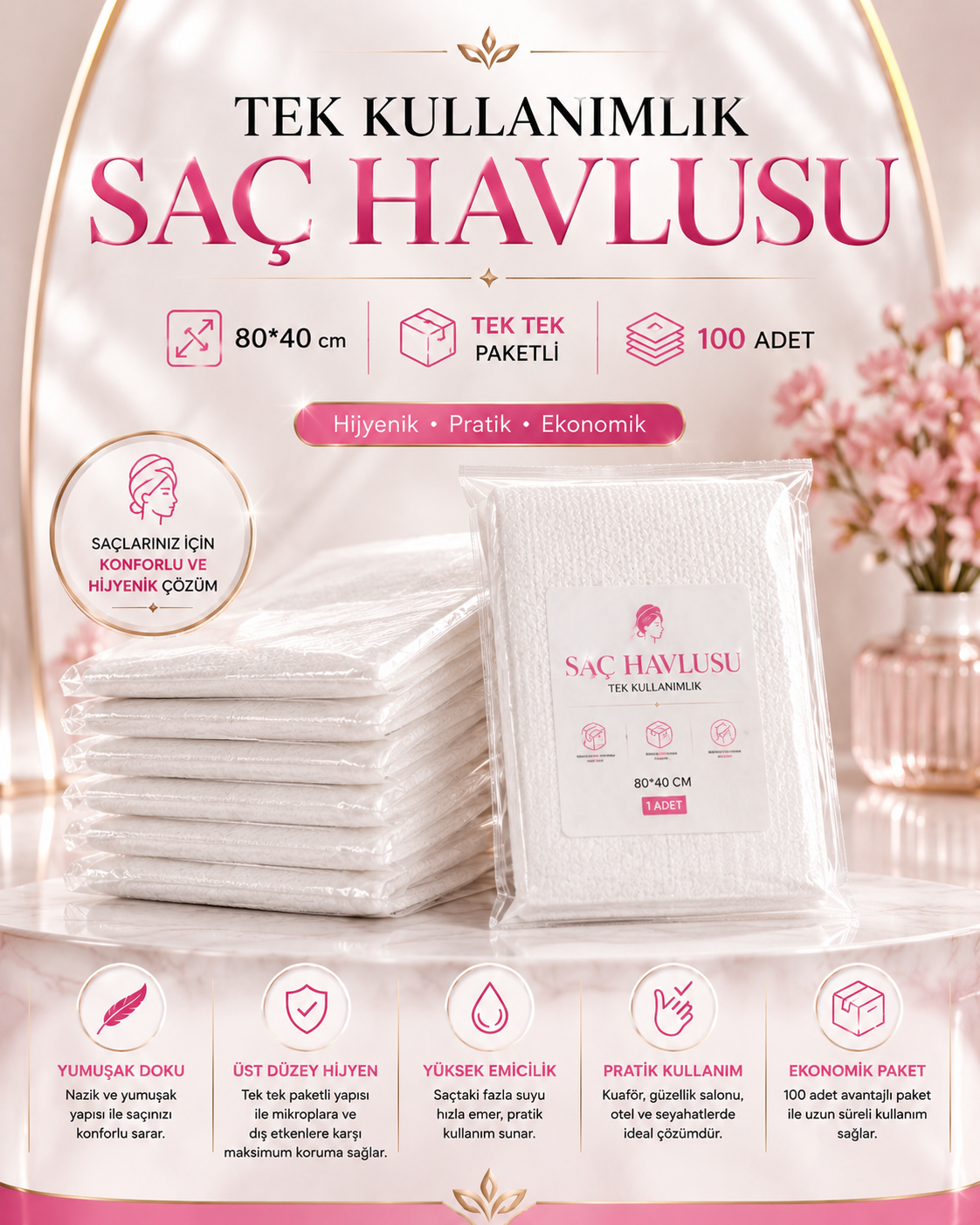 Tek Kullanımlık Saç Havlusu, 80*40cm, Tek Tek Paketli, 100 Adet resmi
