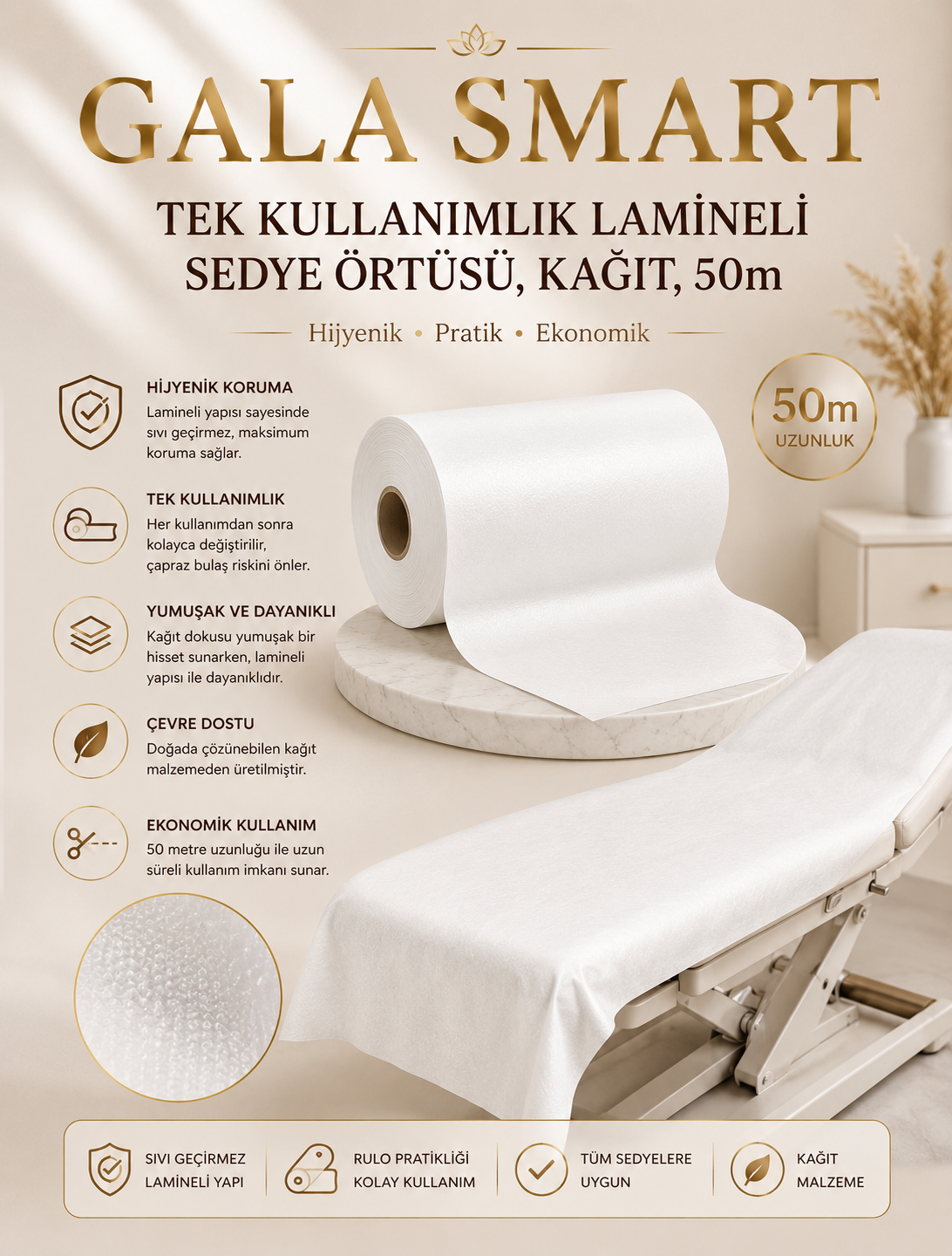 Tek Kullanımlık Lamineli Sedye Örtüsü, Kağıt, 50m resmi