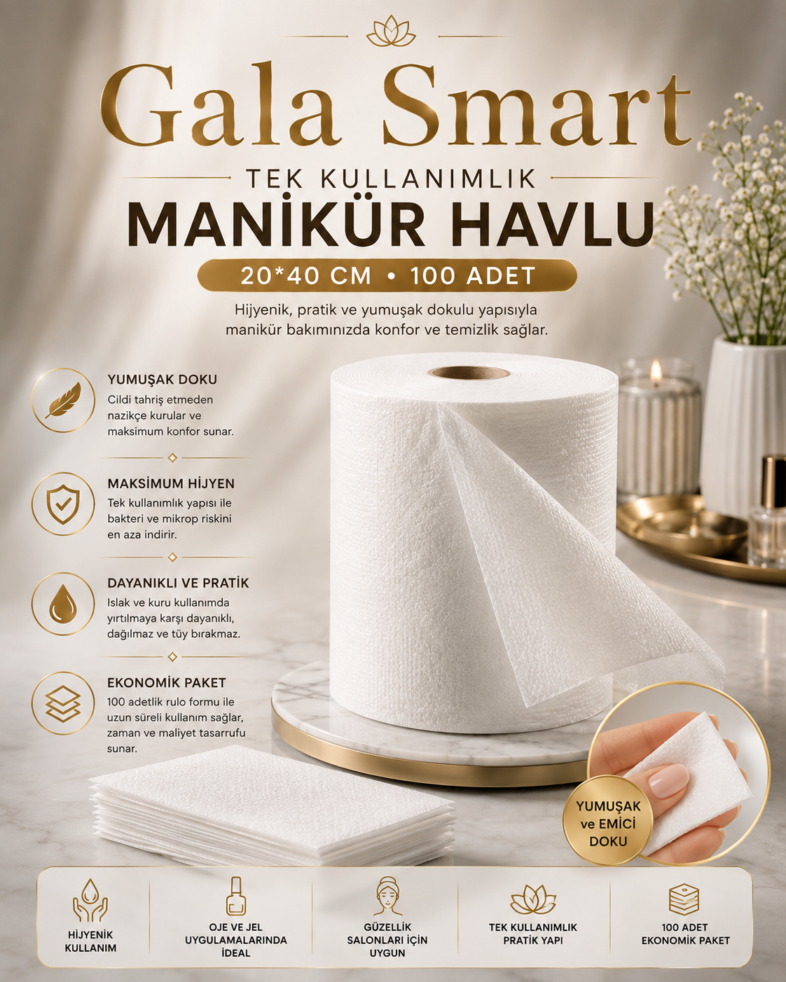 Tek Kullanımlık Manikür Havlu, 20*40cm 100 Adet resmi