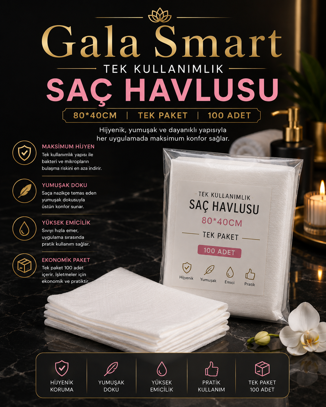 Tek Kullanımlık Saç Havlusu, 80*40cm, Tek Paket, 100 Adet resmi