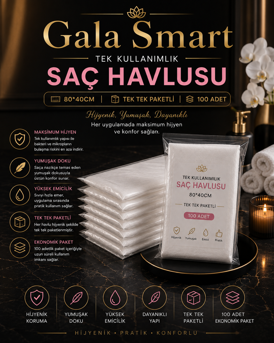 Tek Kullanımlık Saç Havlusu, 80*40cm, Tek Tek Paketli, 100 Adet resmi