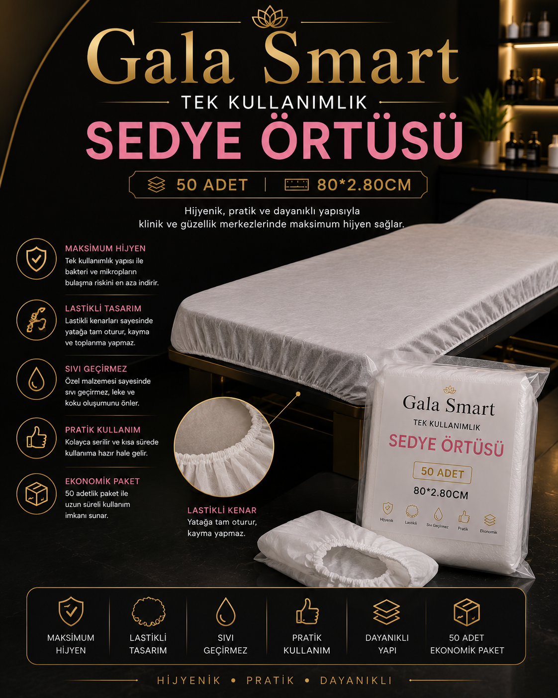Tek Kullanımlık Sedye Örtüsü, 50 Adet, 80*2.80cm resmi
