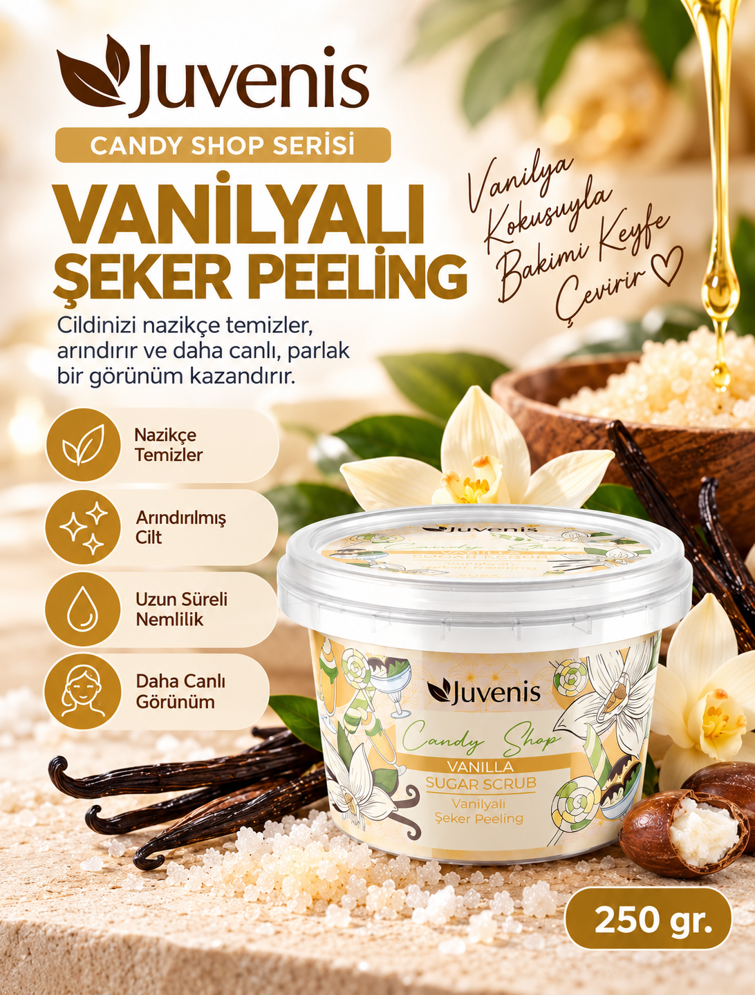 Juvenis Candy Shop Serisi Vanilyalı Şeker Peeling 250 gr resmi