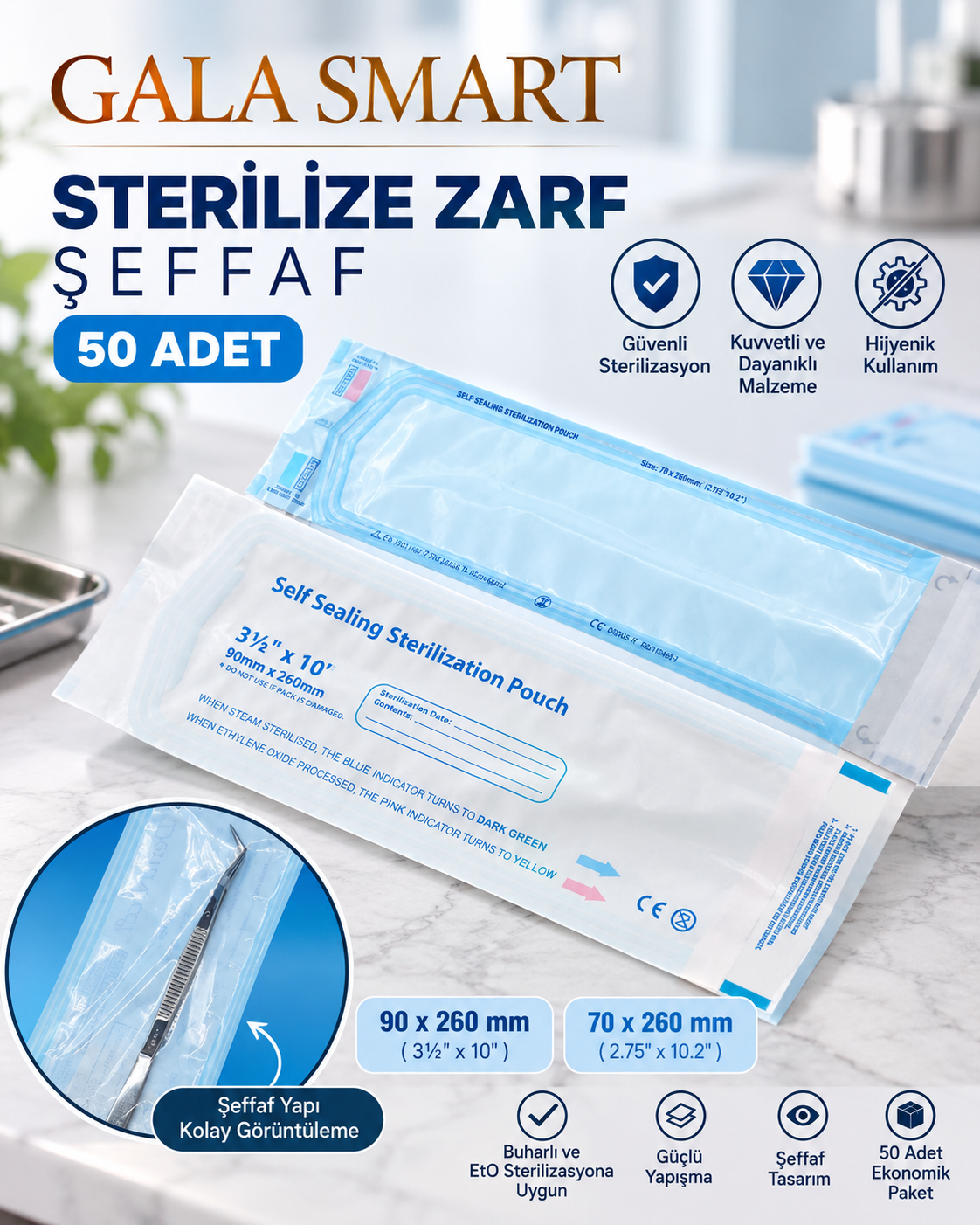 Sterilize Zarf - Şeffaf, 50 Adet resmi