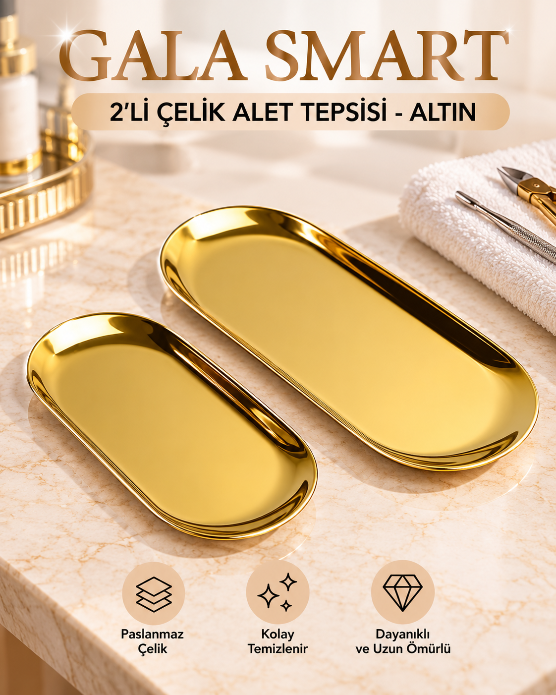 2'li Çelik Alet Tepsisi - Altın resmi